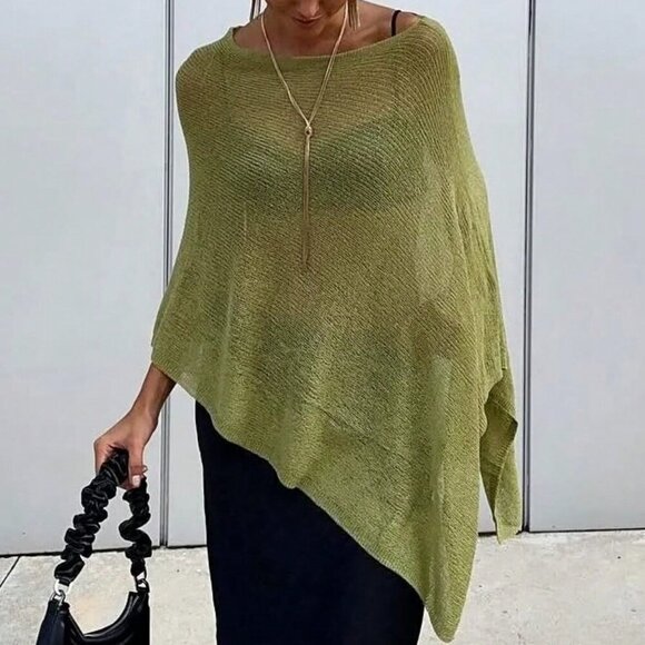 Green Elegant Women's Loose Knitted poncho Shawl sweater top - Picture 7 of 7